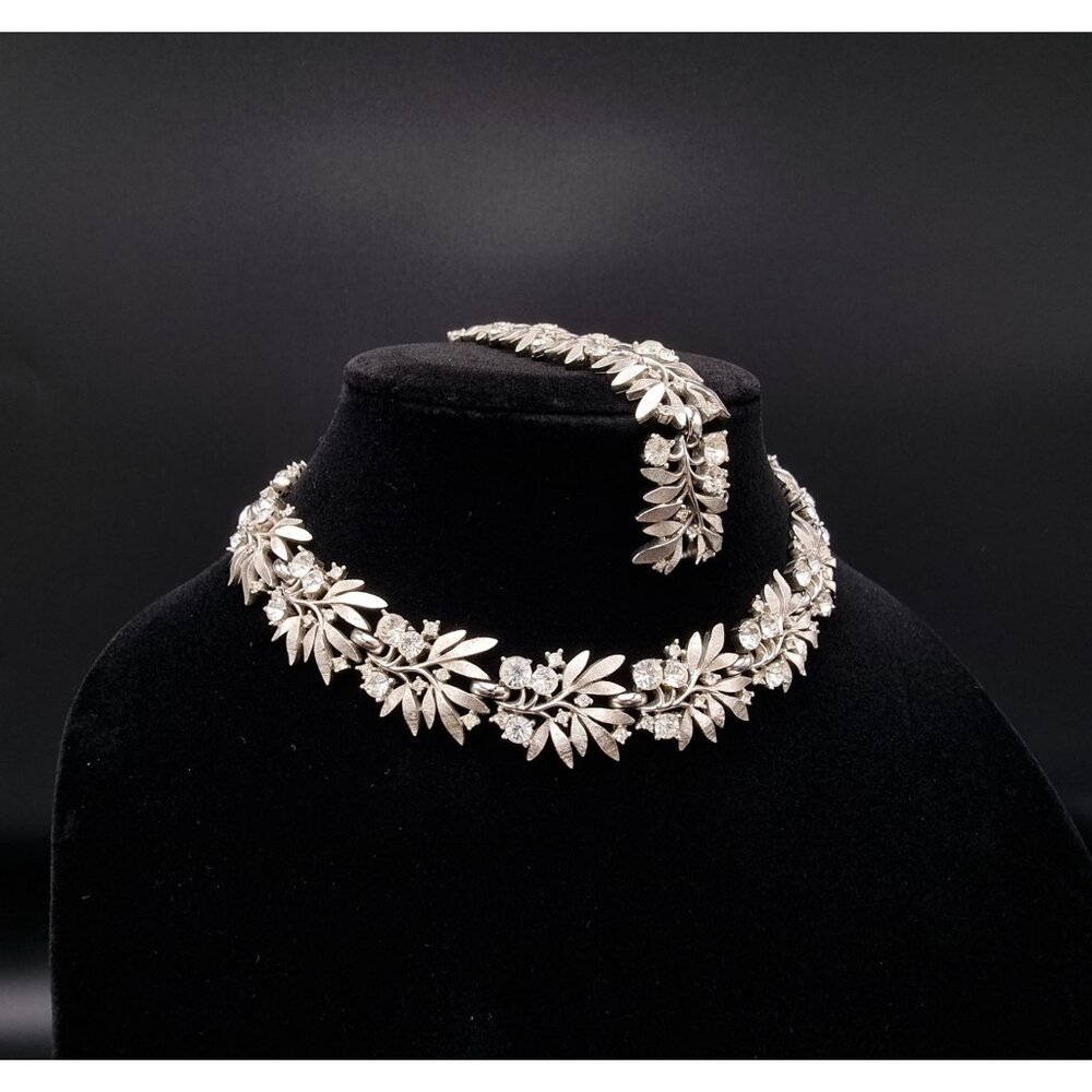 Vintage 1960s TRIFARI Silver-Tone Rhinestone Leaf Necklace & Bracelet Jewelry Se